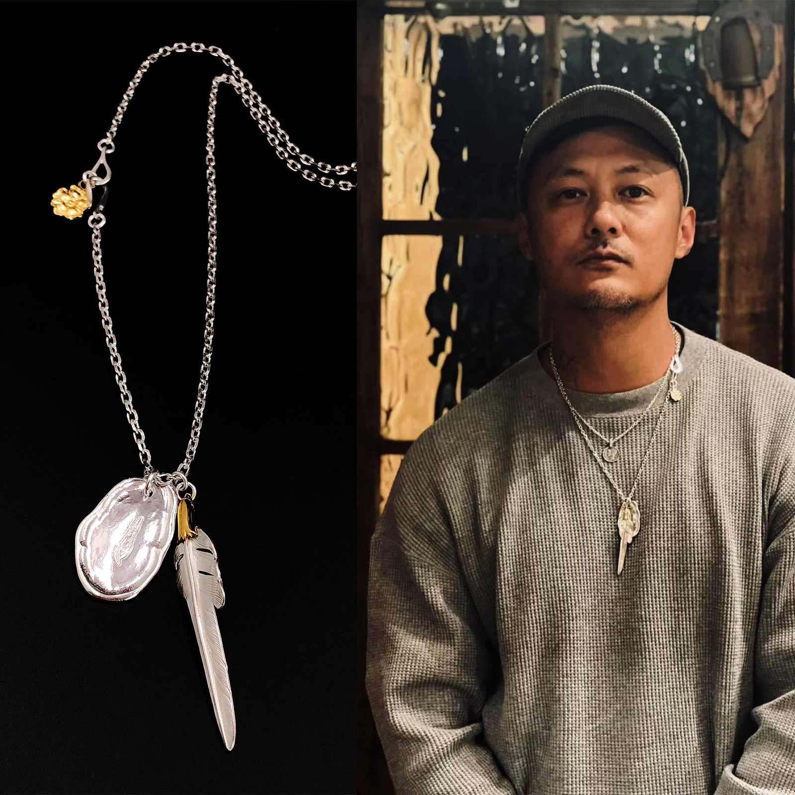 手工larrys风切羽鹰头羽毛项链男潮925纯银余文乐同款银饼项链女