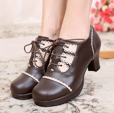【戈特之森】日系Lolita系带圆头花边拼色高跟粗跟甜美复古小皮鞋|msdalam kategori Kasut wanita, kasut rendah - dari Buy2taobao.com untuk memberikan perkhidmatan ejen Taobao profesional membeli