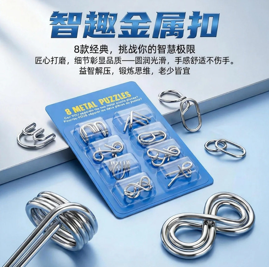 金属益智解环 8 件套 儿童智力开发解锁玩具成人解压九连环批发