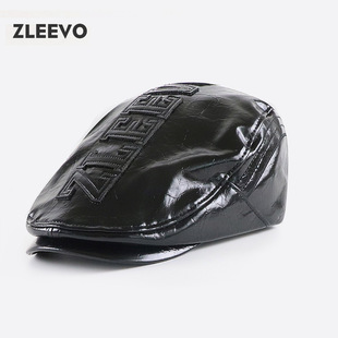 日系鸭舌贝雷帽时尚 帽 PU亮皮前进帽男女英伦复古文艺时尚 Hats新款