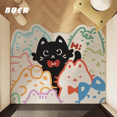 BUER可爱猫咪入户门垫家用皮革防滑垫pvc可擦洗家用门垫耐磨脚垫