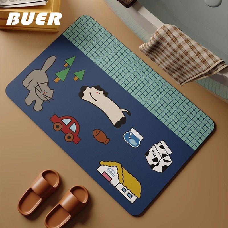 BUER可爱猫咪浴室地垫硅藻泥吸水软垫门口吸水防滑垫卫生间地垫