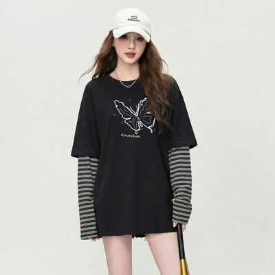 ILOVECHOC春季美式复古假两件条纹拼接蝴蝶印花长袖上衣女休闲T恤