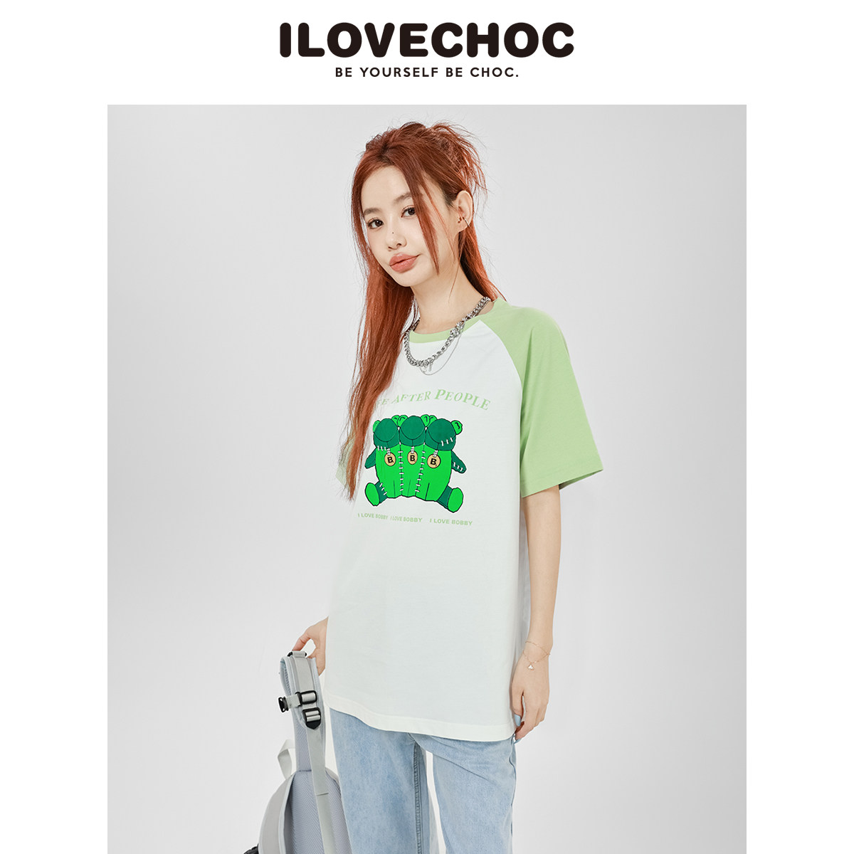 ilovechoc2024夏季新品bobby系列植绒小熊印花插肩袖短袖t恤女