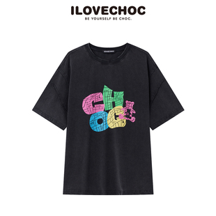ILOVECHOC仿牛仔全棉个性 上衣 T恤女水洗做旧风格 印花宽松百搭短袖