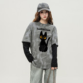 ILOVECHOC假两件圆领大眼萌猫印花T恤2025秋季 长袖 宽松上衣潮