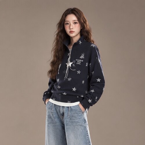 加绒保暖星星满印立领女卫衣