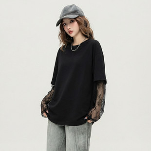 时尚 T恤女2026春季 Choc创意拼接蕾丝假两件长袖 宽松上衣 Love