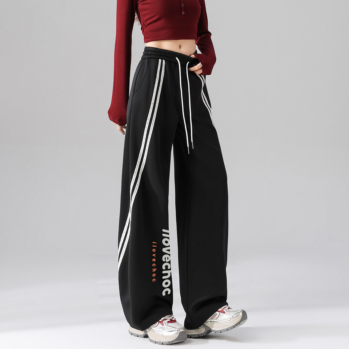 ILOVECHOC秋冬织带阔腿裤针织裤