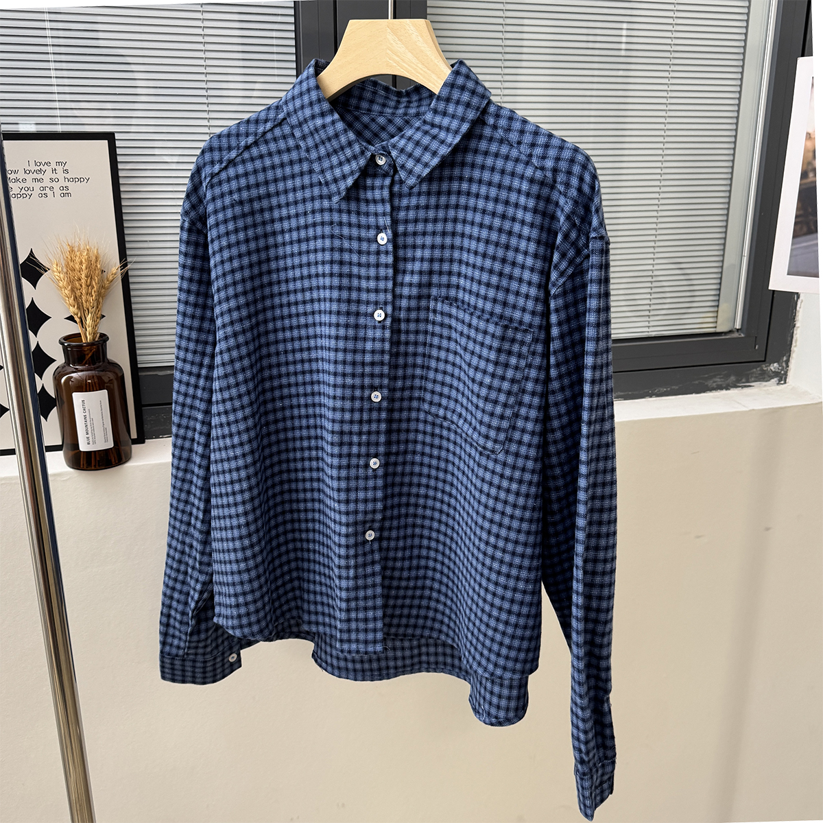 设计感方领细格子磨毛小个子衬衫女式棉质叠穿绒面秋冬短款衬衣潮