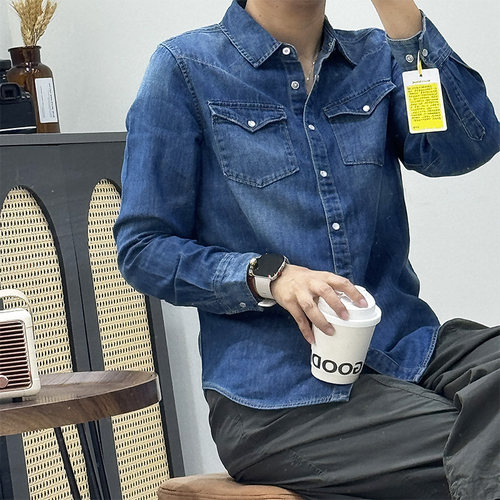 高端水洗磨白柔软牛仔衬衫女翻领随身叠穿内搭双口袋全棉衬衣秋冬