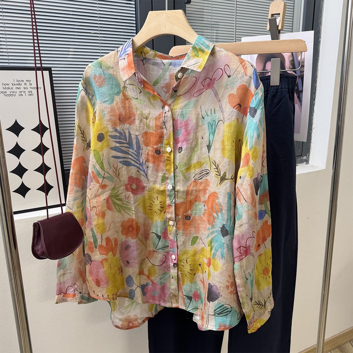 港风复古花衬衫长袖苎麻防晒衬衣植物印花麻料轻薄宽松休闲开衫夏