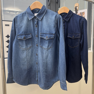 女棉质双口袋方领薄款 随身显瘦牛仔衬衫 复古叠搭衬衣潮 款 26年四季