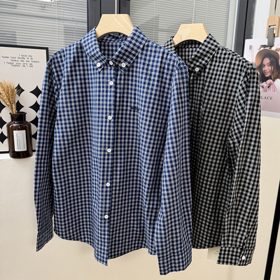 中性风扣角领细格子纯棉女衬衫刺绣字母宽松显瘦叠穿内搭打底上衣