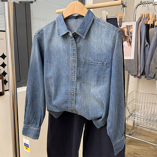 欧美风水洗磨白方领衬衫直筒宽松叠穿百搭外套女中性风牛仔衬衣潮