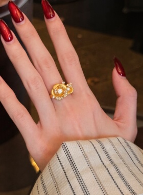 千夕足金9995D拉丝玫瑰戒黄金戒指女款送女友七夕情人节生日礼物