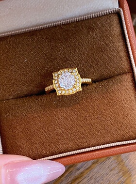 千夕足金9995D冰花方钻戒黄金戒指女款送女友七夕情人节生日礼物