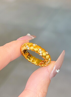 千夕 足金999编织麻花黄金戒指求婚女款时尚情人节生日礼物送女友