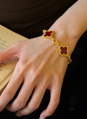 千夕 足金999双面四叶草手工链黄金手链女款情人节生日礼物送老婆