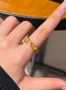 千夕足金9995D镶嵌花边四叶草黄金戒指女款情人节生日礼物送女友