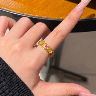 千夕足金9995D镶嵌花边四叶草黄金戒指女款情人节生日礼物送女友