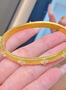 千夕 足金999拉丝四叶草黄金手镯女款情人节生日礼物送女友老婆