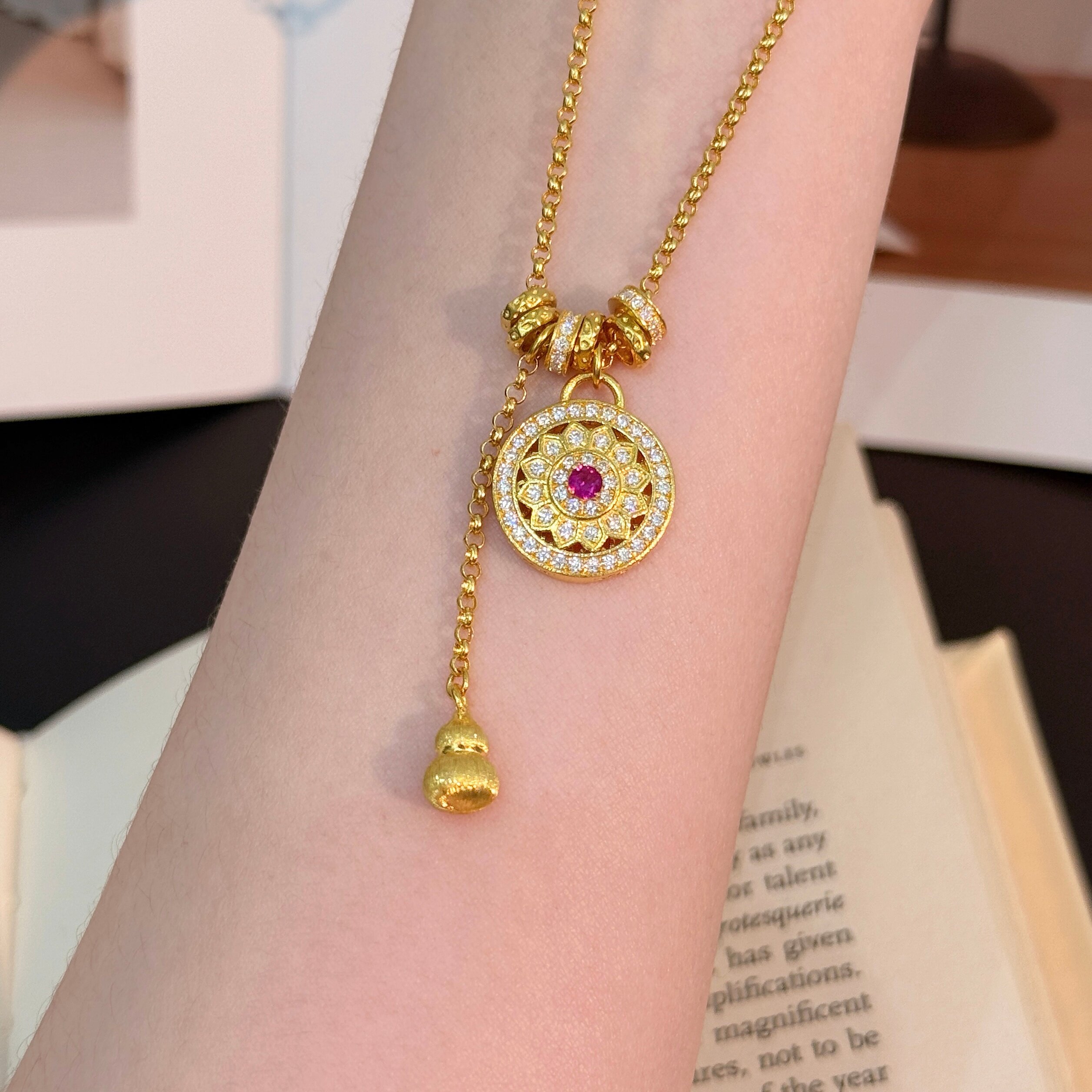 千夕 足金999流苏葫芦罗盘项链黄金项链女款情人节生日礼物送女友