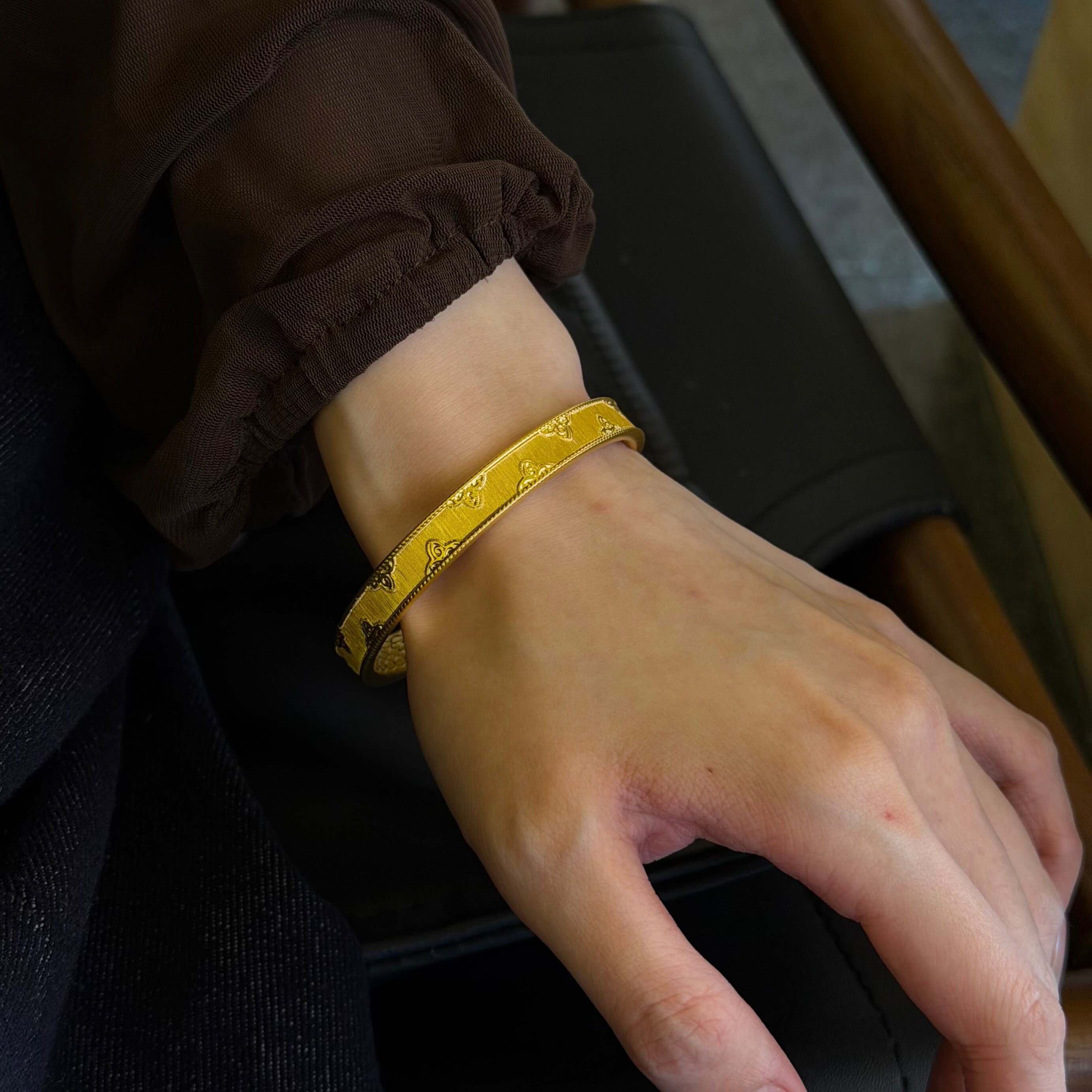 千夕 足金999拉丝四叶草黄金手镯女款情人节生日礼物送女友老婆