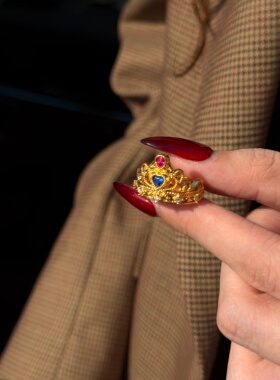 千夕足金999公主爱心皇冠黄金戒指女款七夕情人节生日礼物送女友