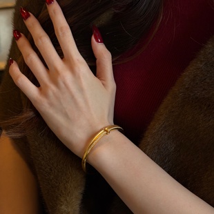 千夕 足金999双扣拉丝手镯黄金手镯女款情侣情人节生日礼物送女友