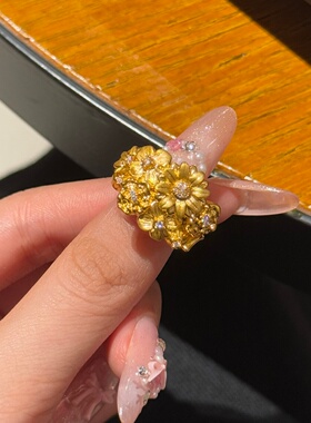 千夕足金9995D镶嵌繁花黄金戒指女款求婚情人节生日礼物送女友