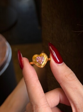 千夕足金999拉丝粉爱心戒黄金戒指可爱女款情人节生日礼物送女友