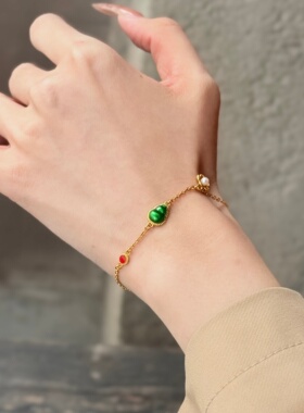 千夕 足金999绿葫芦珍珠手链黄金手链女款情人节生日礼物送女友