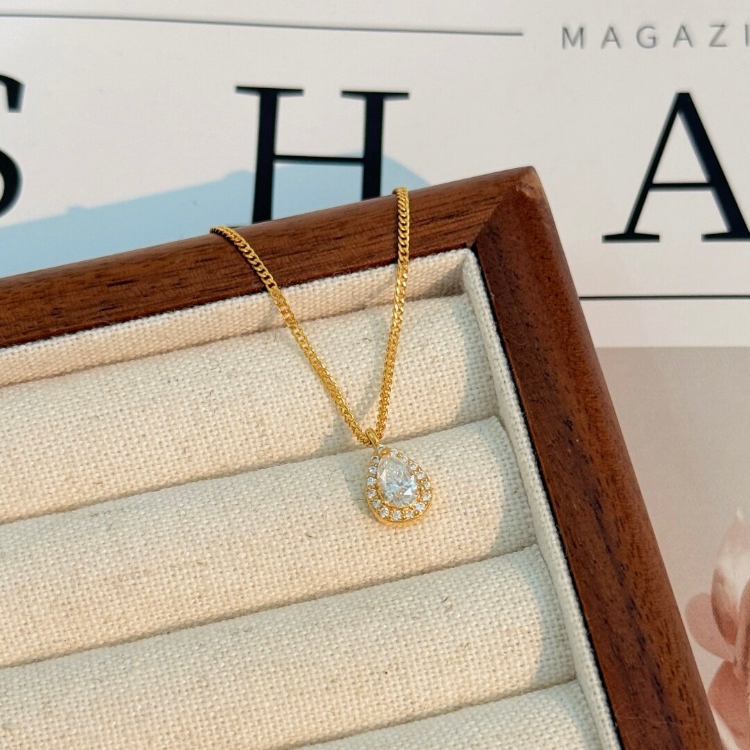 千夕 足金999满钻平底水滴项链黄金项链女款情人节生日礼物送女友