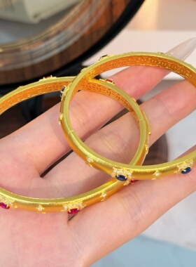 千夕 足金999复古宫廷星芒黄金手镯女款情人节生日礼物送女友老婆