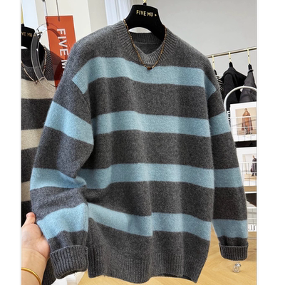 2153【圆领蓝灰宽条纹毛衣】秋冬新款女士针织衫宽松外穿上衣