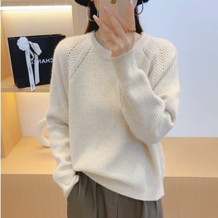 2194【圆领元宝肩挑洞毛衣】秋冬新款插肩镂空针织衫宽松女士上衣