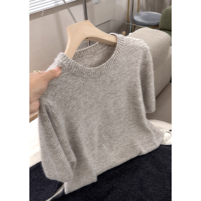 3429【花纱圆领中袖】秋冬新款女士韩版短袖宽松上衣