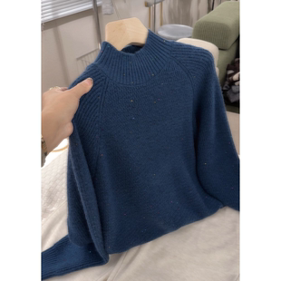 宽松女士百搭毛衣半高领打底衫 秋冬新款 米粒提花亮片毛衣 2201
