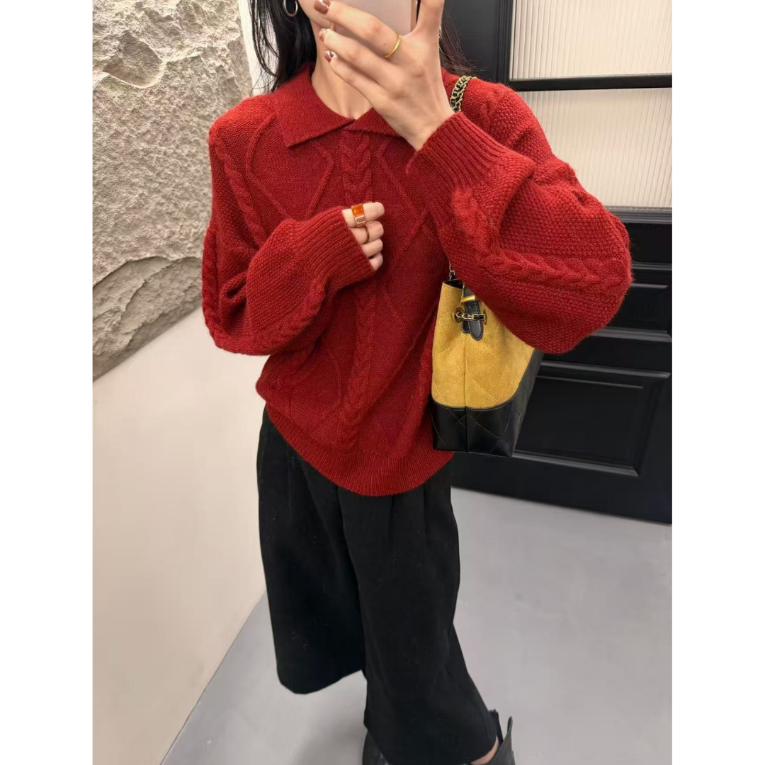 3544【线下款福利清仓重工小翻领毛衣】秋冬新款女士宽松加厚上衣