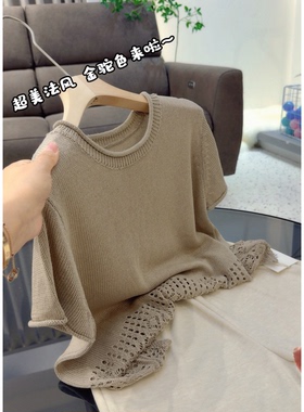 3849【下摆钩花镂空短袖针织衫】巨百搭！高货春夏新款女士上衣