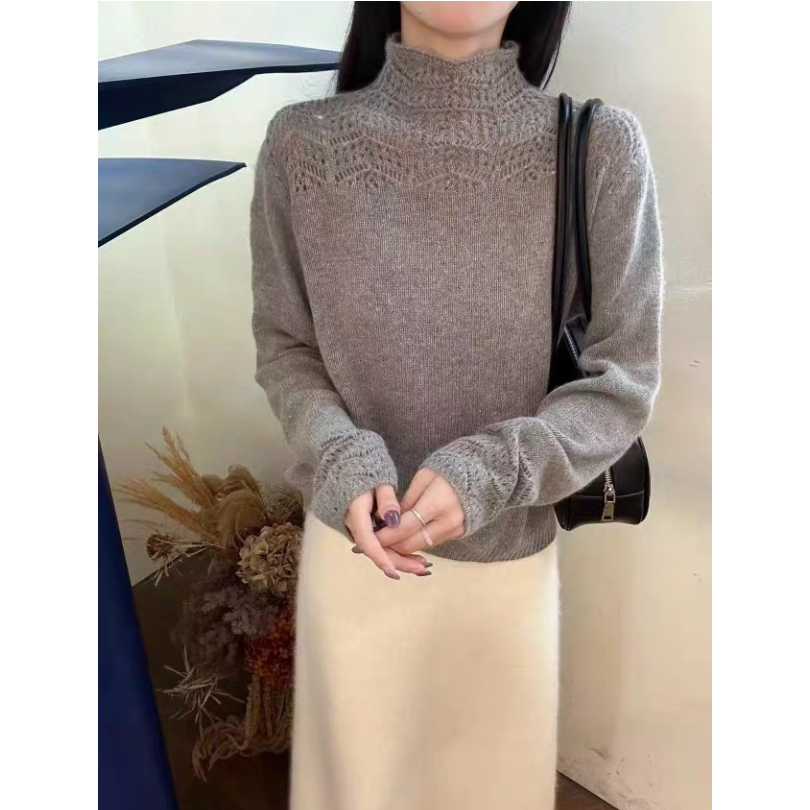 3572【半高领氛围感钩花毛衣】秋冬新款女士宽松针织上衣