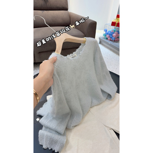 5035【超美的浅蓝钩花针织衫】秋季新款女士木耳领绒感上衣