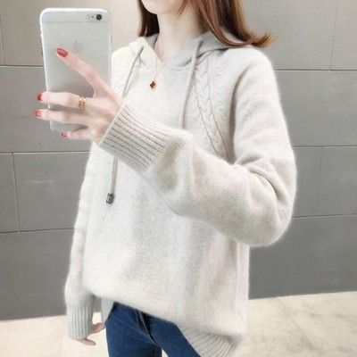 2157【斜麻花帽衫】秋季毛衣女士宽松外穿时尚连帽针织衫加厚