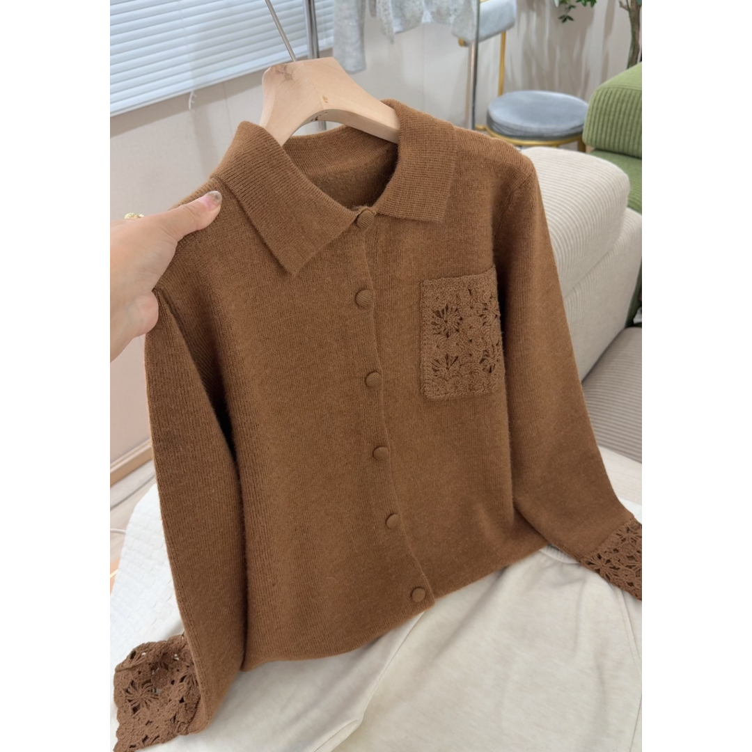 3517【钩花袖翻领开衫】秋季新款女士宽松外穿针织毛衣