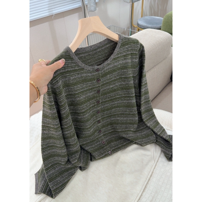 3497【设计感小众条纹开衫】新款气质毛衣外套女士宽松慵懒上衣
