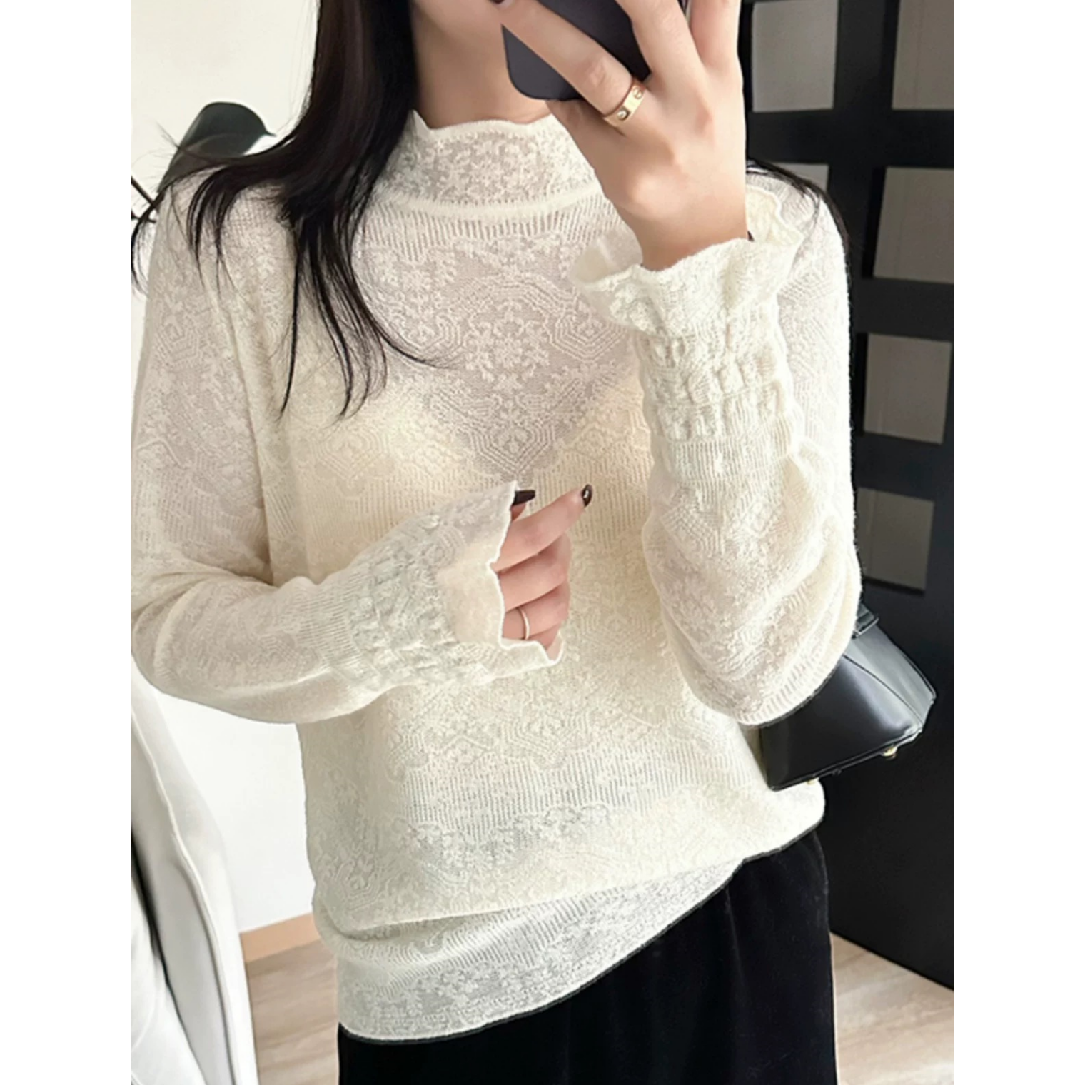 3011【软糯浮雕提花打底衫】春季新款女士韩版薄款女士宽松针织衫