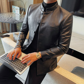 立领皮衣夹克男外套痞帅时尚 新中式 修身 男士 休闲西服潮 黑色皮西装