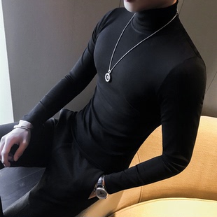 中领内抓绒打底衫 秋冬男士 时尚 纯色弹力半高领T恤韩版 潮 保暖修身