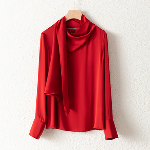 洋气飘带设计感小众上衣女潮 桑蚕丝百搭时尚 重磅真丝衬衫 女长袖